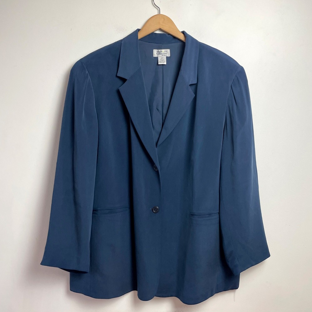 Style & Co Collection Silk Blazer Jacket Sz 24W Blue Vintage Minimalist Office